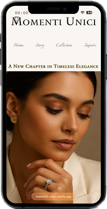 A mobile phone showing the momenti unici website